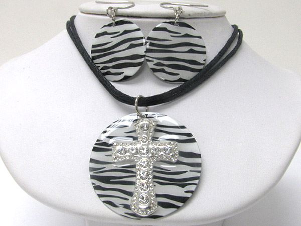 Animal print and crystal deco cross large round pendant dual cord necklace earring set