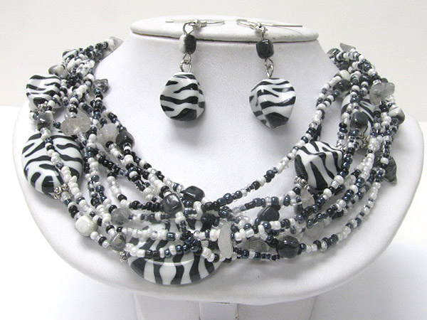 Multi row and animal print mixed bead necklace earring set