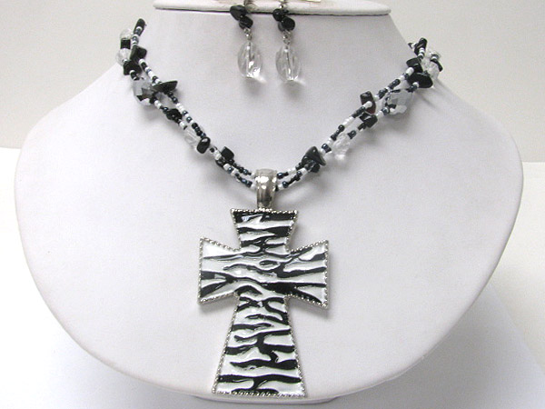 Animal print cross pendant necklace earring set