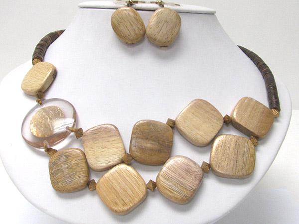 Eco friendly resin and wood nugget necklace earring set