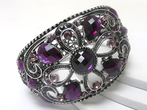 Crystal stud metal flower deco hinge bangle