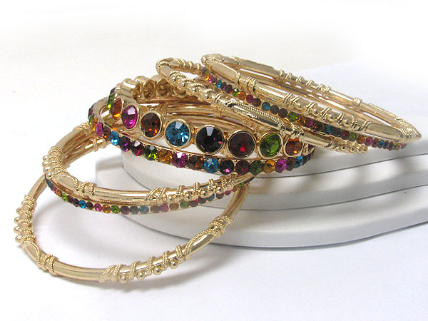 Crystal stud multi round metal bangle set