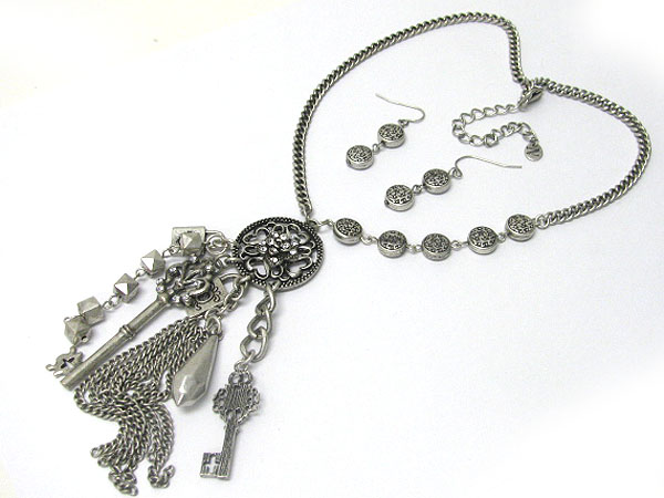 Crystal stud multi antique metal keys and tassel drop necklace earring set