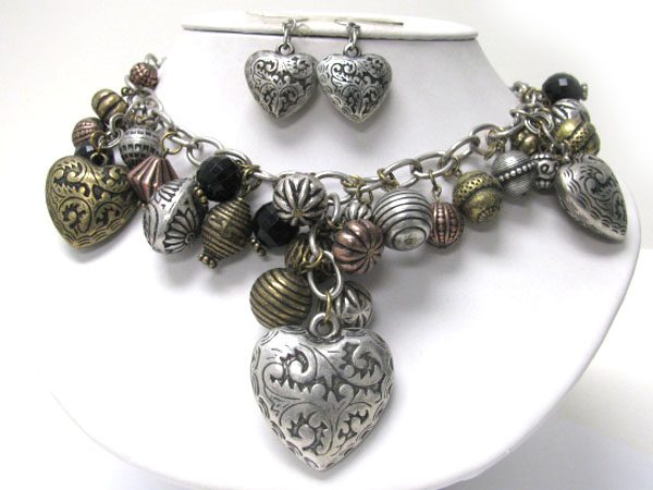 Multi antique detail textured metal heart charm dangle necklace earring set