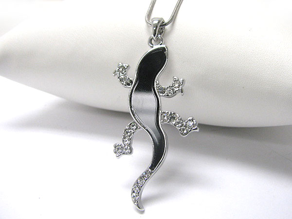 Made in korea whitegold plating crystal and onyx acryl deco lizard pendant necklace