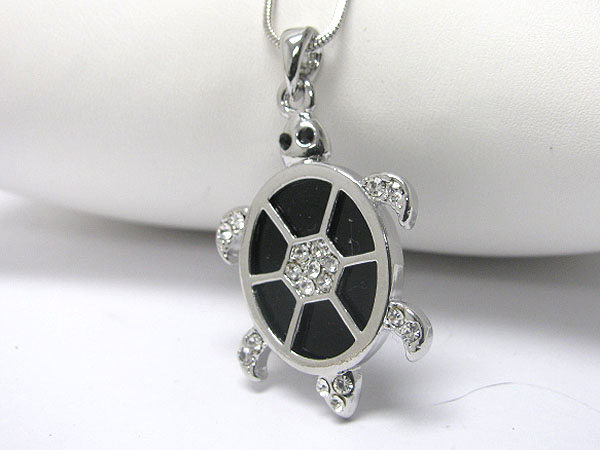 Made in korea whitegold plating crystal and onyx acryl deco turtle pendant necklace