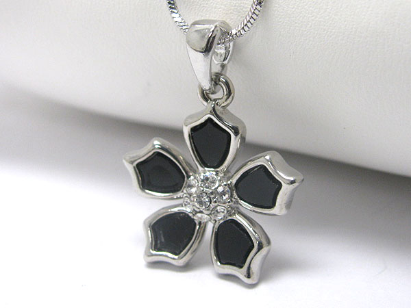 Made in korea whitegold plating crystal and onyx acryl deco flower pendant necklace