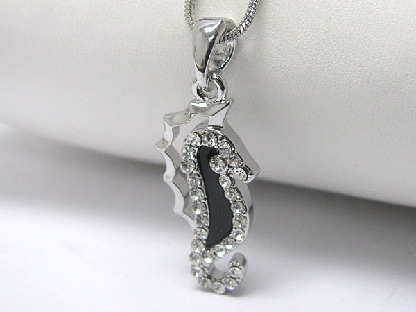 Made in korea whitegold plating crystal and onyx acryl deco seahorse pendant necklace