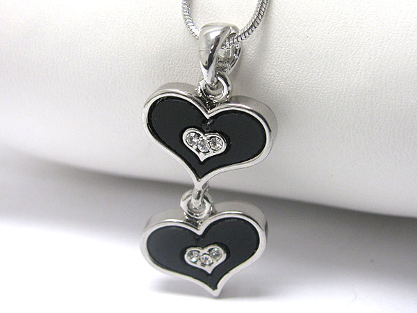 Made in korea whitegold plating crystal and onyx acryl deco double heart pendant necklace