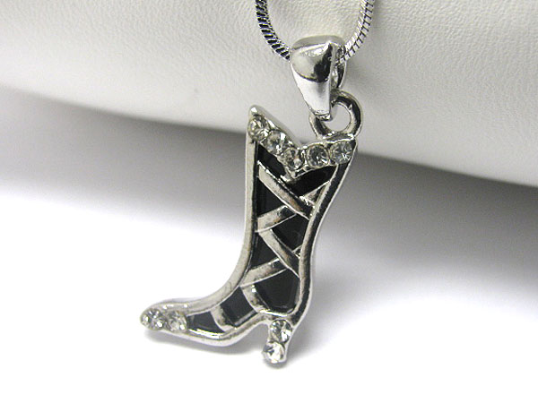 Made in korea whitegold plating crystal and onyx acryl deco boot pendant necklace