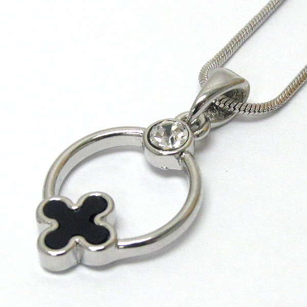 Made in korea whitegold plating crystal and onyx acryl deco cross accent round pendant necklace