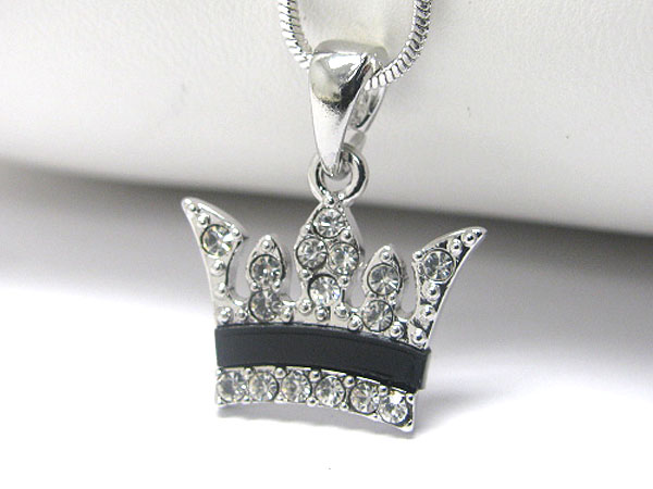 Made in korea whitegold plating crystal and onyx acryl deco crown pendant necklace