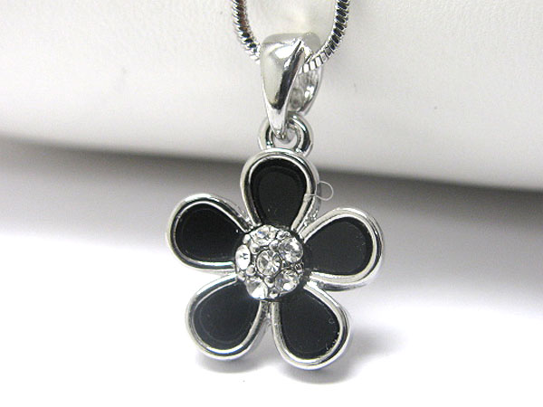 Made in korea whitegold plating crystal and onyx acryl deco flower pendant necklace