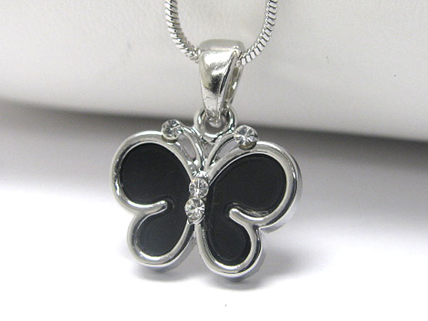 Made in korea whitegold plating crystal and onyx acryl deco butterfly pendant necklace