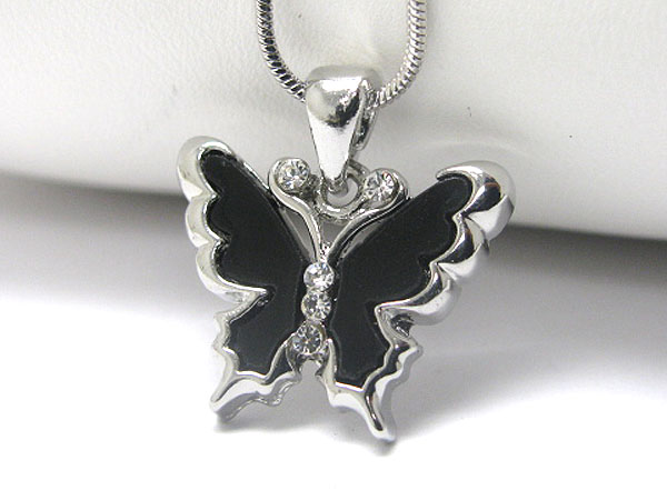 Made in korea whitegold plating crystal and onyx acryl deco butterfly pendant necklace