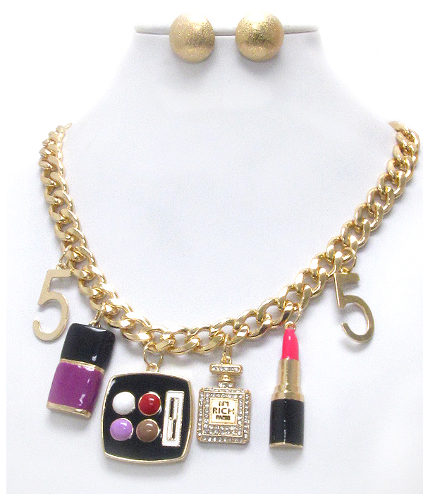 Crystal and epoxy purfume bottle and lipstick charm necklace earring set - cosmetic theme