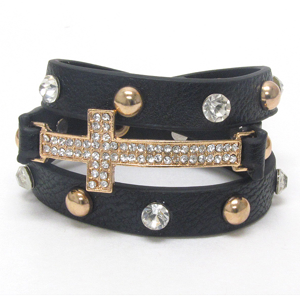 Crystal cross and metal stud leatherette band wrap bracelet