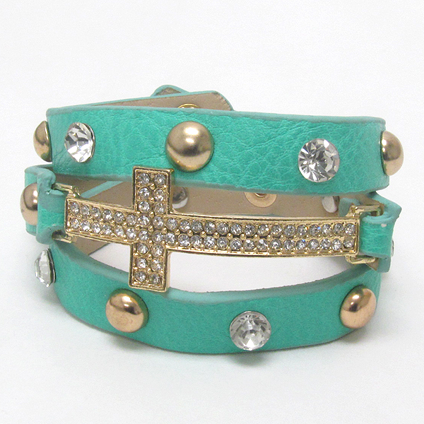 Crystal cross and metal stud leatherette band wrap bracelet