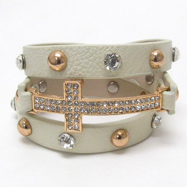 Crystal cross and metal stud leatherette band wrap bracelet