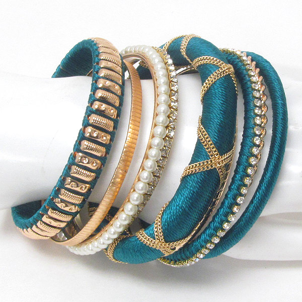 Thread warp and crystal accent multi bangle bracelet set