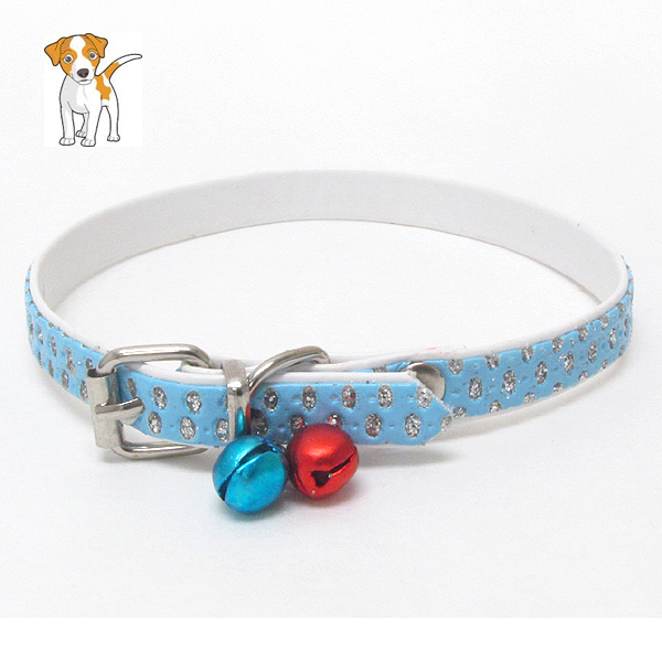 Double bell and glittering leatherette dog collar