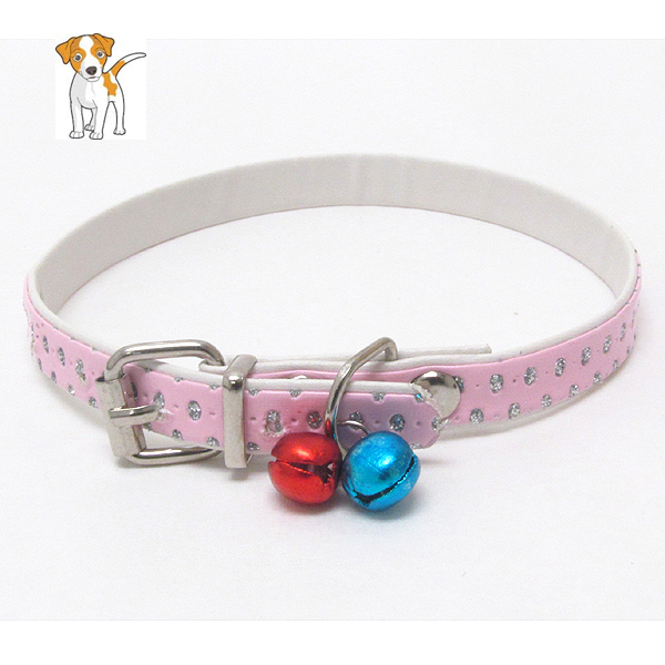 Double bell and glittering leatherette dog collar