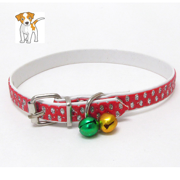 Double bell and glittering leatherette dog collar