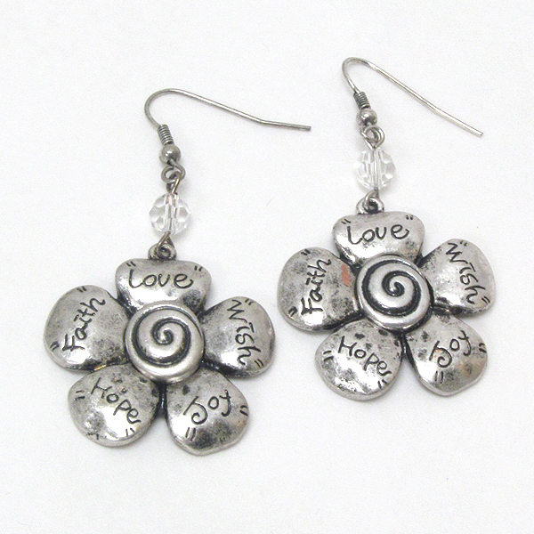 Metal casting inspiration flower earring - love wish joy hope faith