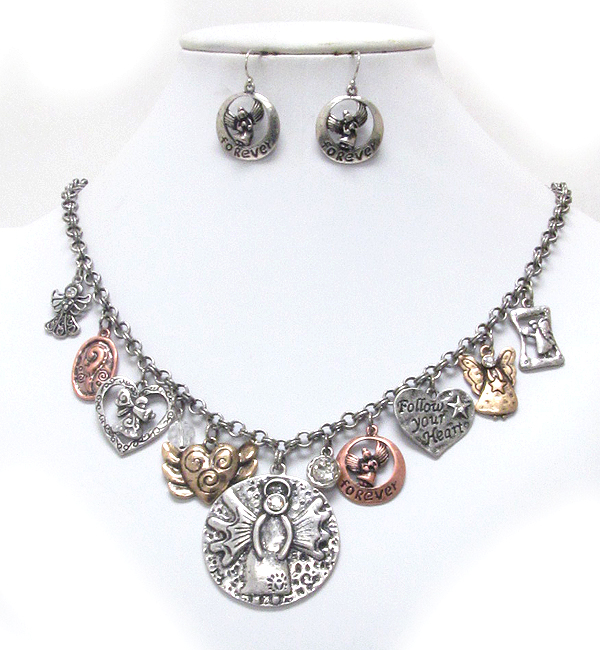 Multi angel theme charm drop inspiration necklace earring set