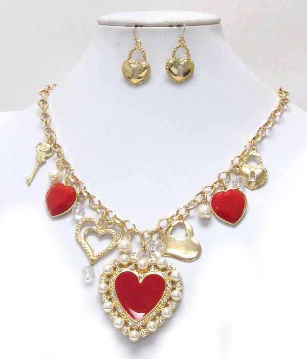 Epoxy and pearl accent mulit heart drop necklace earring set -valentine