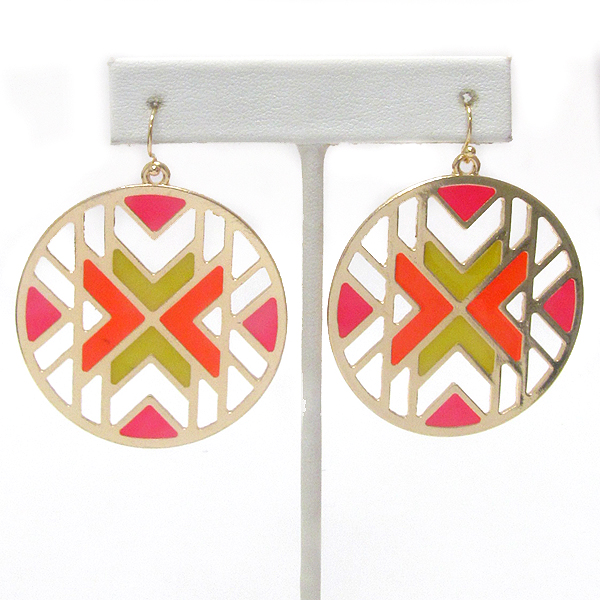 Epoxy chevron metal filigree disk drop earring