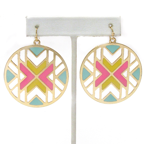 Epoxy chevron metal filigree disk drop earring