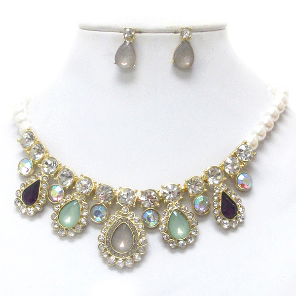 Multi teardrop stone and crystal and pearl chain necklace earring set