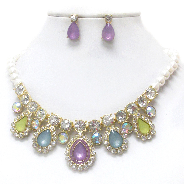 Multi teardrop stone and crystal and pearl chain necklace earring set