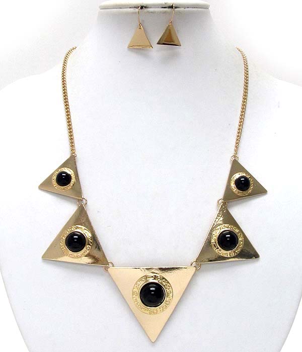 Five acryl balls on metal triangle patern drop chain necklace earring set