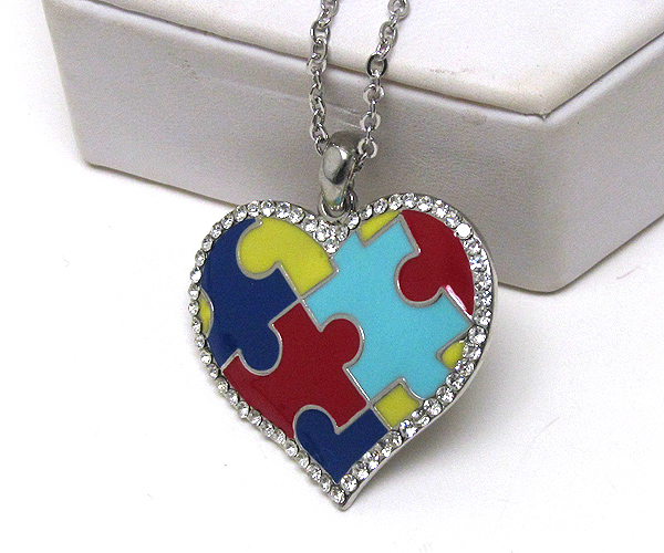 Crystal and epoxy autism awareness heart pendant necklace