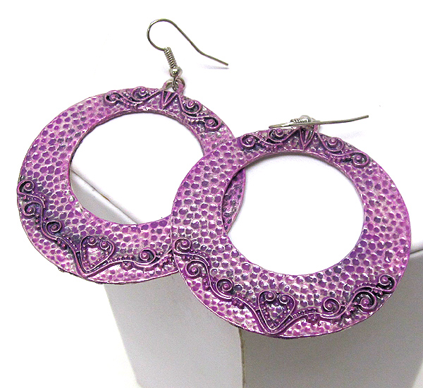 Patina metal cut out round disk hoop earring - hoops