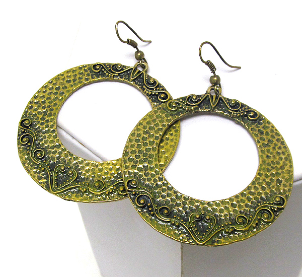 Patina metal cut out round disk hoop earring - hoops