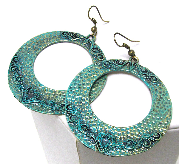 Patina metal cut out round disk hoop earring - hoops