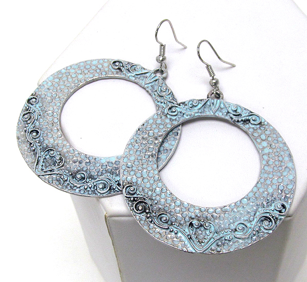 Patina metal cut out round disk hoop earring - hoops