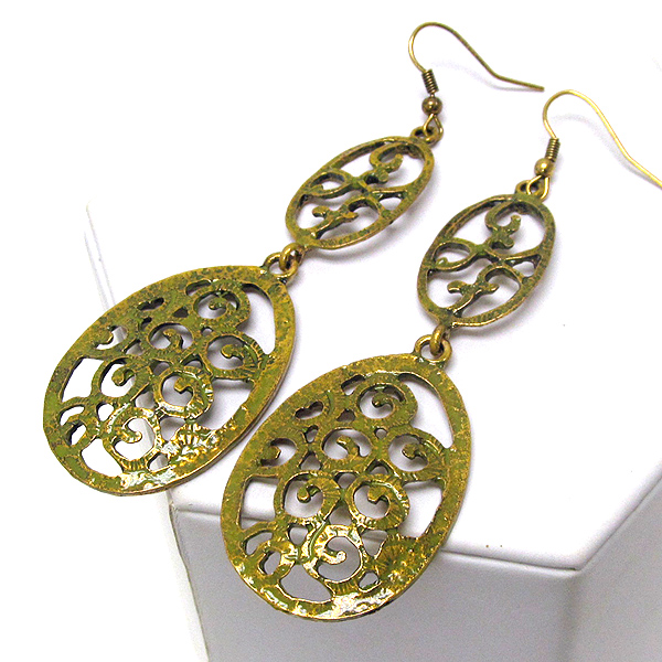 Patina metal textered two oval drop earring