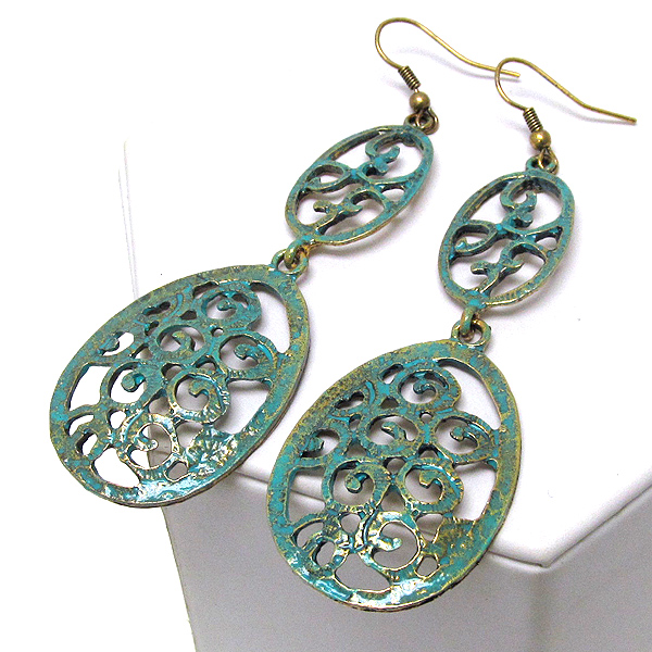 Patina metal textered two oval drop earring