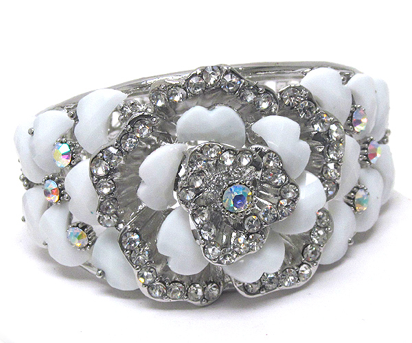 Multi crystal pattern with metal textured flower inside crystal glass heart hinge bangle bracelet