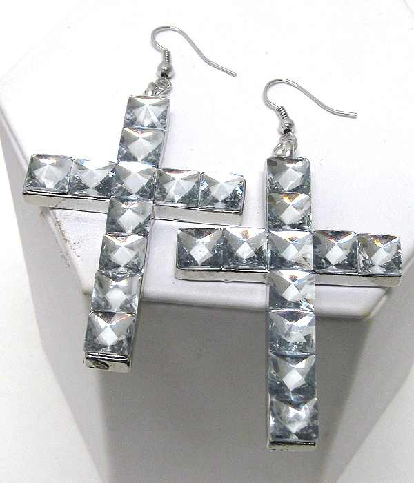 Crystal spike glass stone cross drop earring