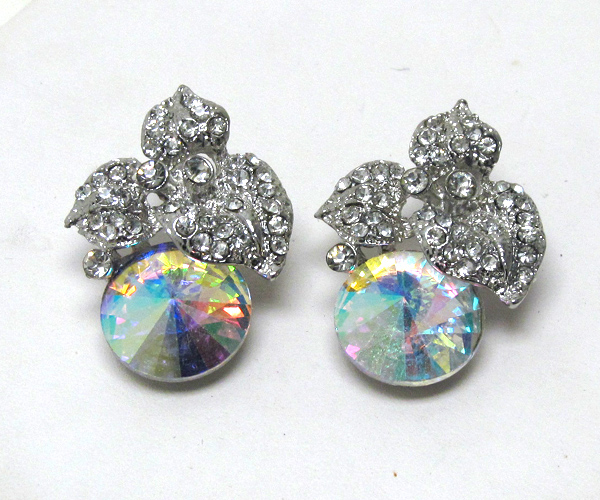 Three crystal leaf with round glass stone stud earring