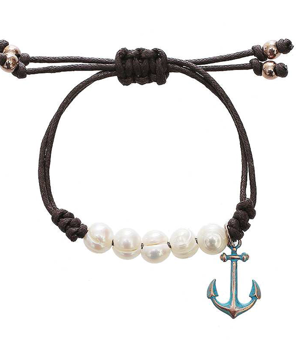 Freshwater pearl and anchor charm pull tie bracelet