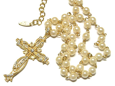 Crystal cross charm and pearl string necklace