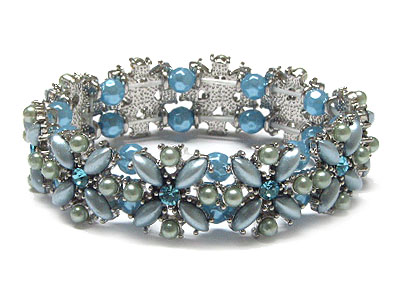 Pearl and crystal flower stretch bracelet