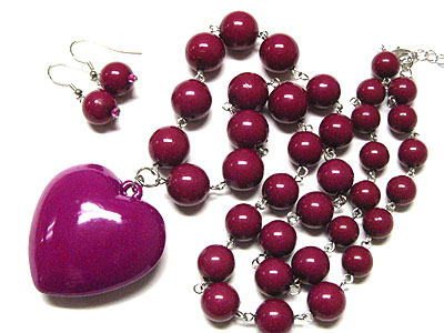 Acryl heart peandant and ball necklace and earring set