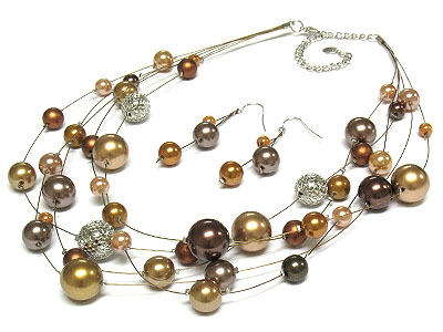 Multi shape ball bead and fine thread metal chain necklace set